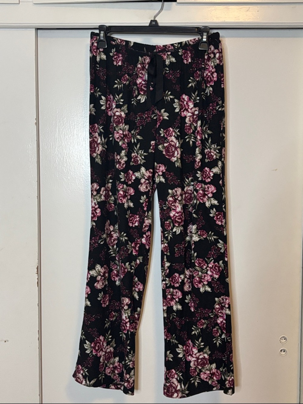 just be Black Pants with Pink Rose Floral Print